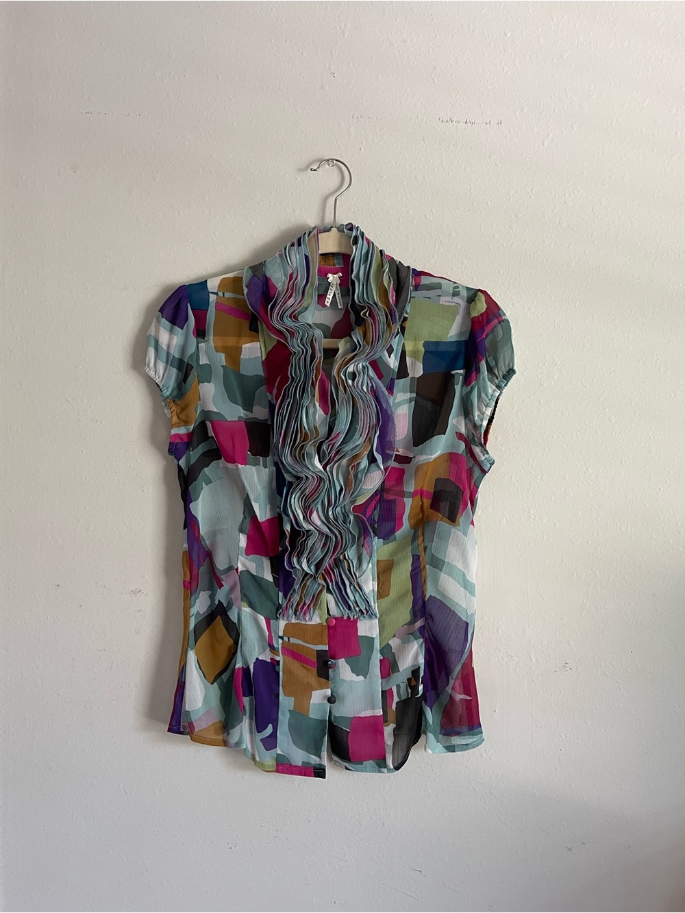 Lapis Multicolor Abstract Ruffle Blouse with Teal, Purple, Mustard Accents
